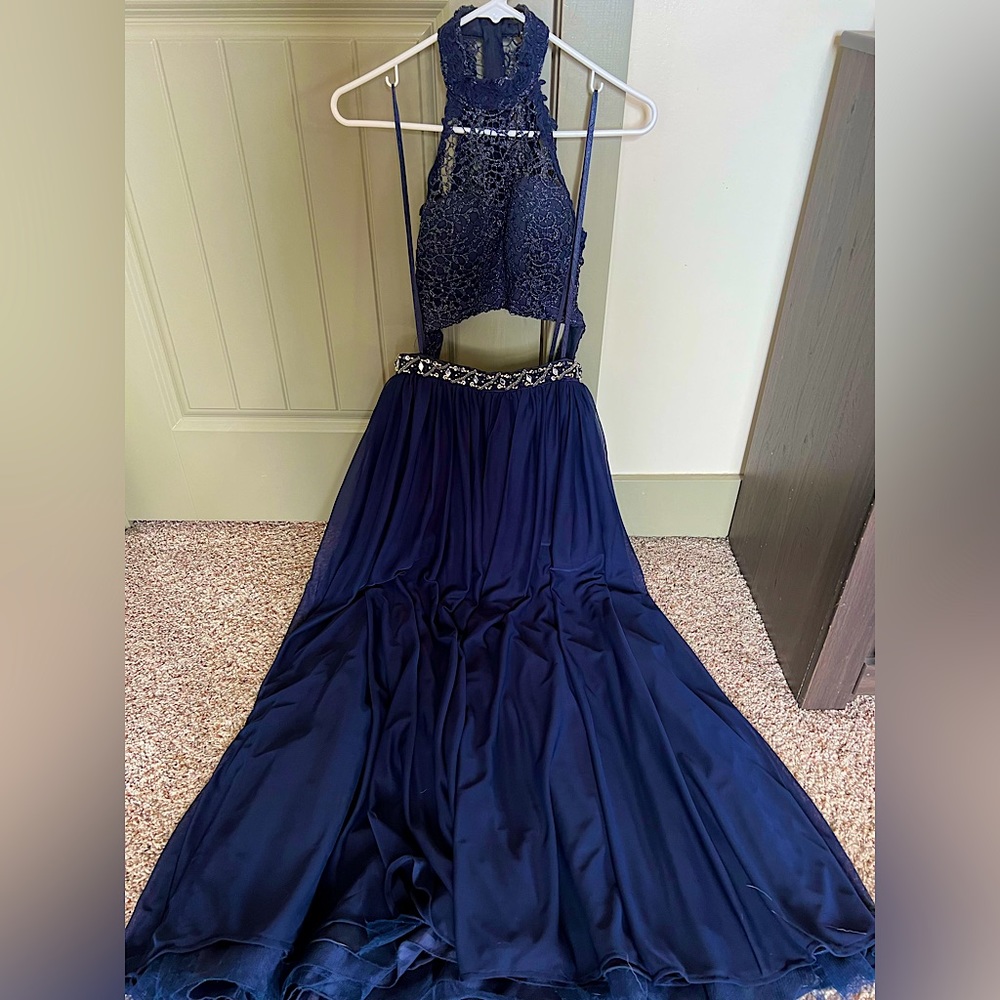 Beautiful, navy blue, floor length, two piece prom dress!